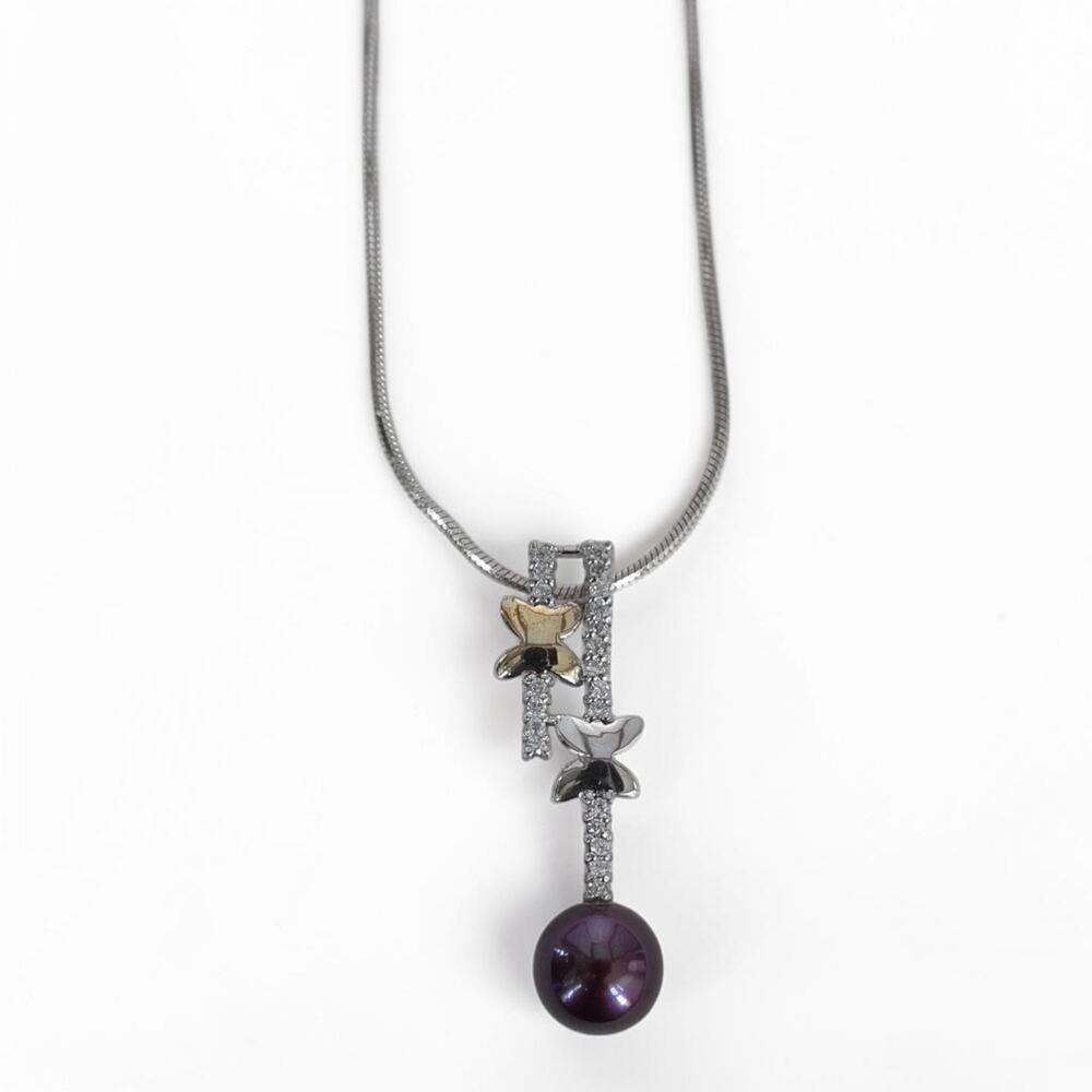 Vintage Sterling Silver 925 Butterfly Pendant Necklace Rhinestone Purple Pearl
